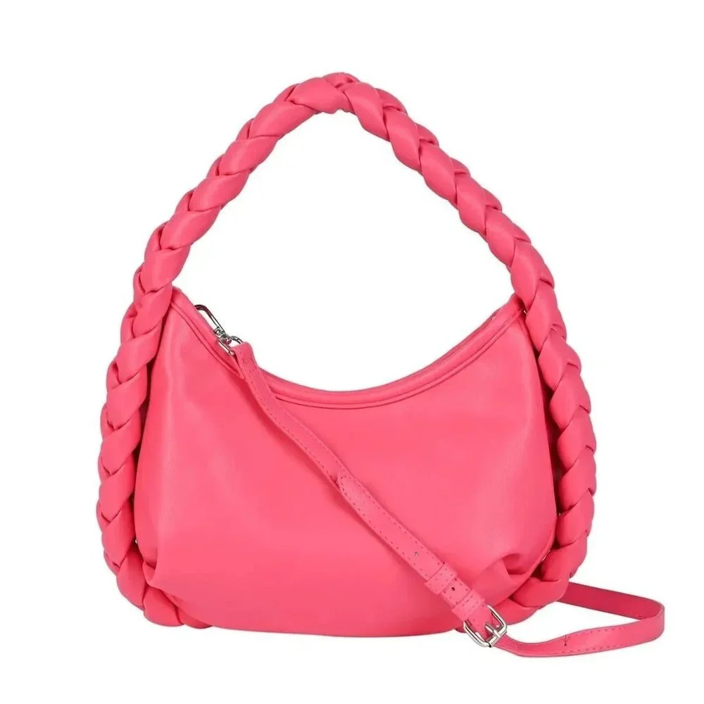 New Braided Handle Vegan Leather Hobo Bag in Bubblegum Pink‎